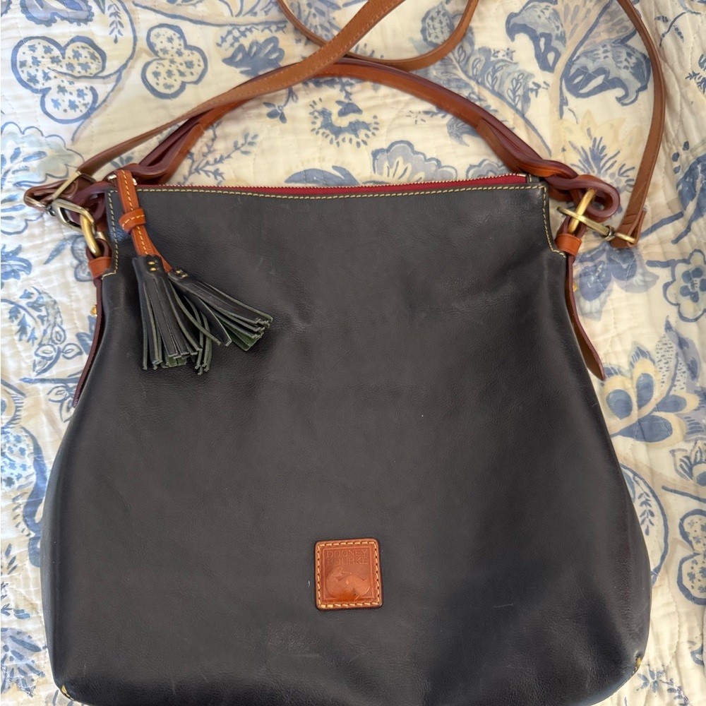 Dooney & Bourke Black Leather Hobo with Brown Trim and Tassel